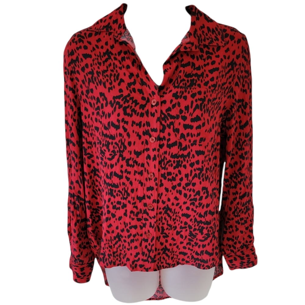 NWT AQUA Red Cheetah Combo Print Button Down V neck Shirts XS